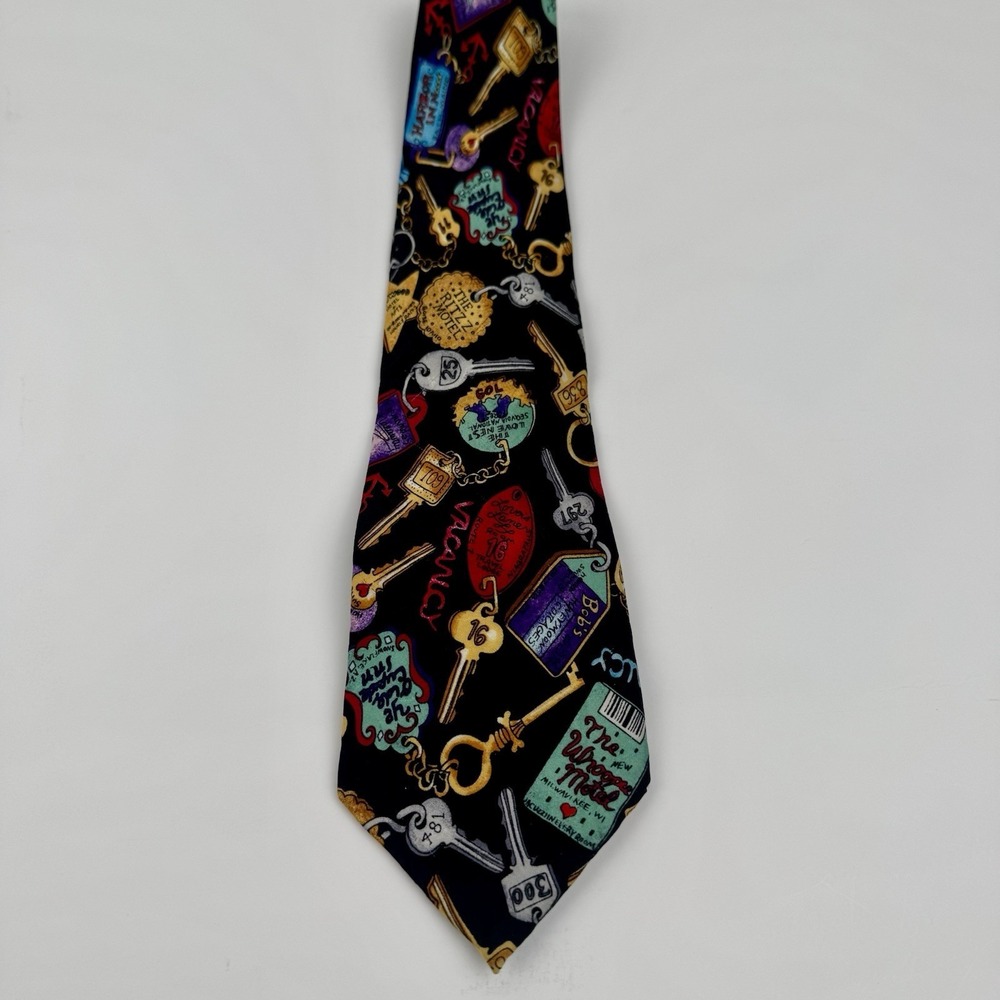 VTG Nicole Miller Motel Key Print Silk Necktie Novelty Tie Black 1993 - Picture 5 of 9